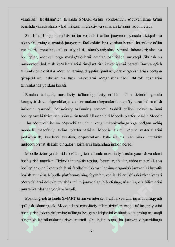 Boshlang'ich ta'lim yo'nalishida SMART- ta'lim va interaktiv ta'li vositalari. Masofaviy ta'limni boshqaruv tizimi - Moodleda kurs yaratish va foydalanuvchilar bilan ishlash. 2