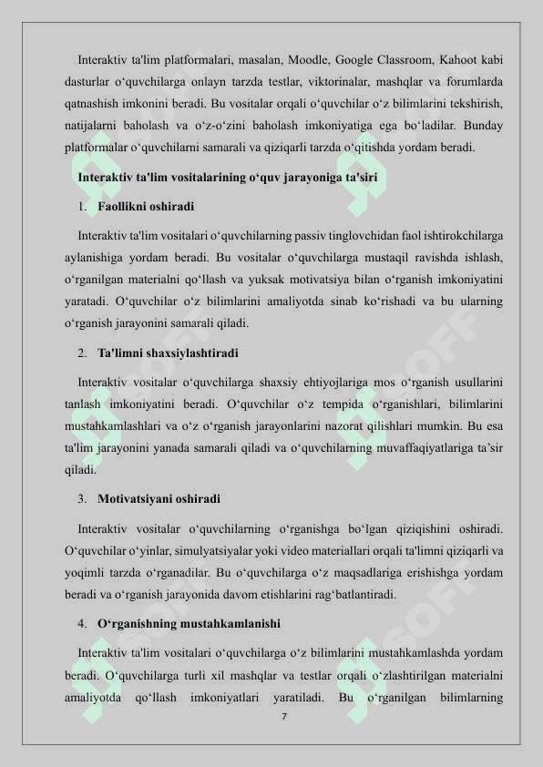 Boshlang'ich ta'lim yo'nalishida SMART- ta'lim va interaktiv ta'li vositalari. Masofaviy ta'limni boshqaruv tizimi - Moodleda kurs yaratish va foydalanuvchilar bilan ishlash. 7