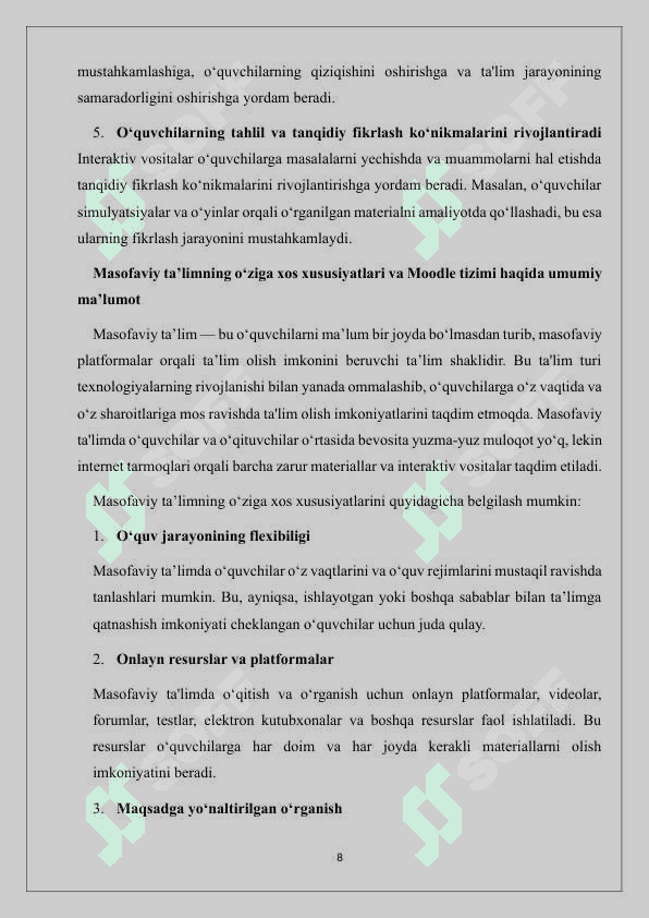 Boshlang'ich ta'lim yo'nalishida SMART- ta'lim va interaktiv ta'li vositalari. Masofaviy ta'limni boshqaruv tizimi - Moodleda kurs yaratish va foydalanuvchilar bilan ishlash. 8