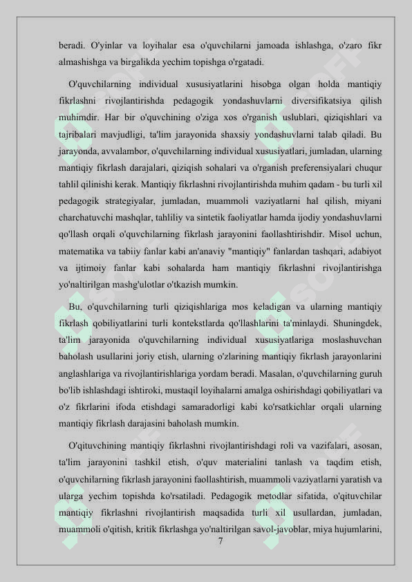 O'QUVCHILARNI MANTIQIY FIKRLASHGA O'RGATISHDA SAVOL VA TOPSHIRIQLARNING ROLI 7