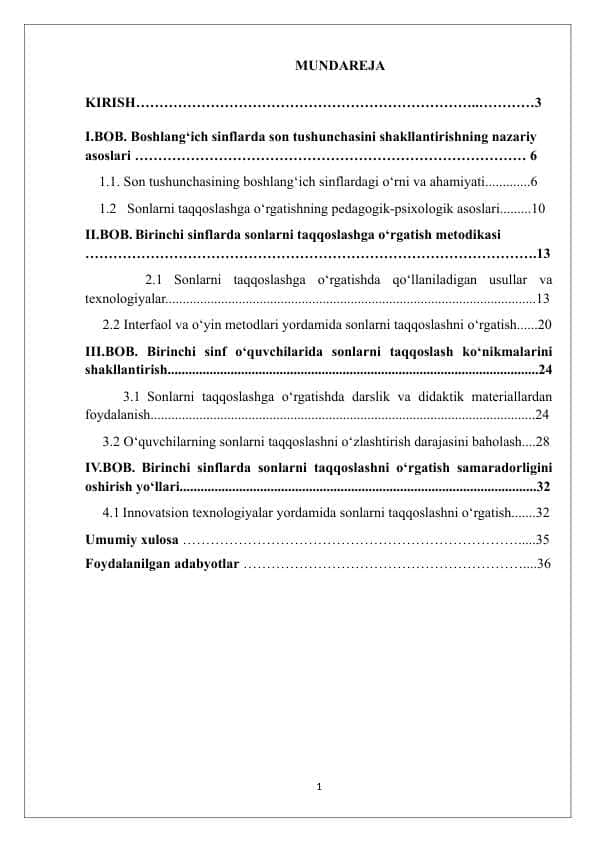 BIRINCHI SINFLARDA SONLARNI TAQQOSLASHGA O’RGATISH