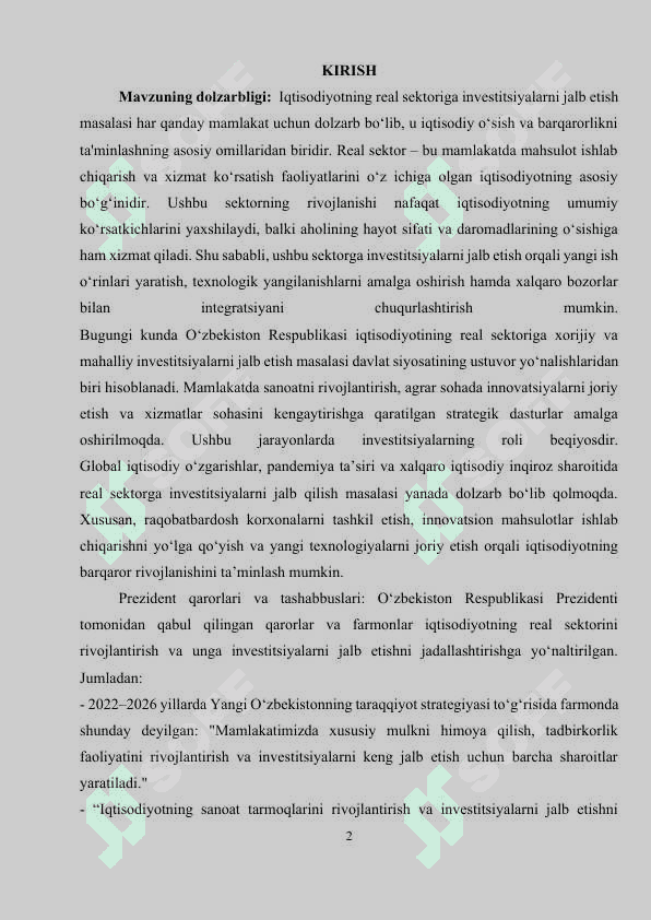 Iqtisodiyotning real sektoriga investitsiyalar jalb etish yo‘llari | Kurs ishi 2