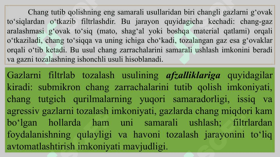 FILTRLASH ORQALI CHANGNI USHLASH. FILTRLASH KLASSIFIKATSIYASI 2