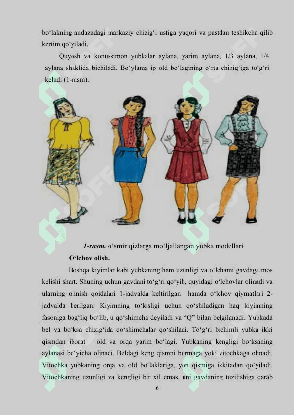 Texnologiya fanida o'quvchilarga "yubkalarni konstruksiyalash, modellashtirsh, tikish texnologiyasi mavzusini o'qitish metodikasi 6