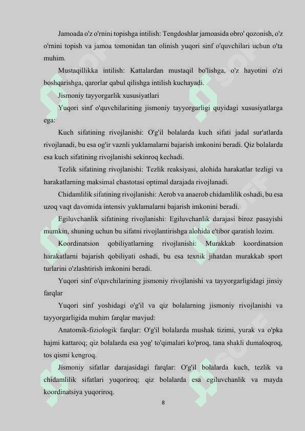 Yuqori sinf o'quvchilari jismoniy tarbiyas 8