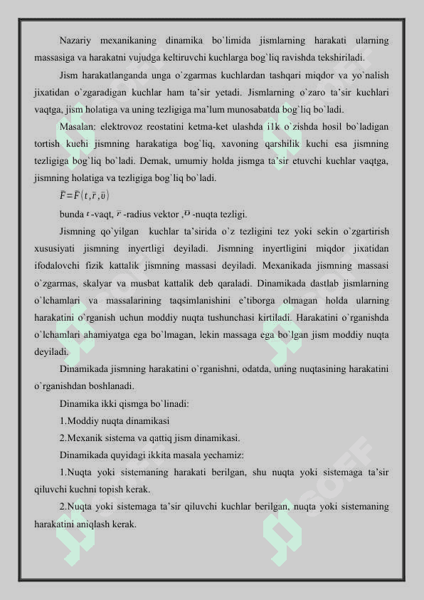 Dinamika dinamikaning asosiy tushunchalari 2