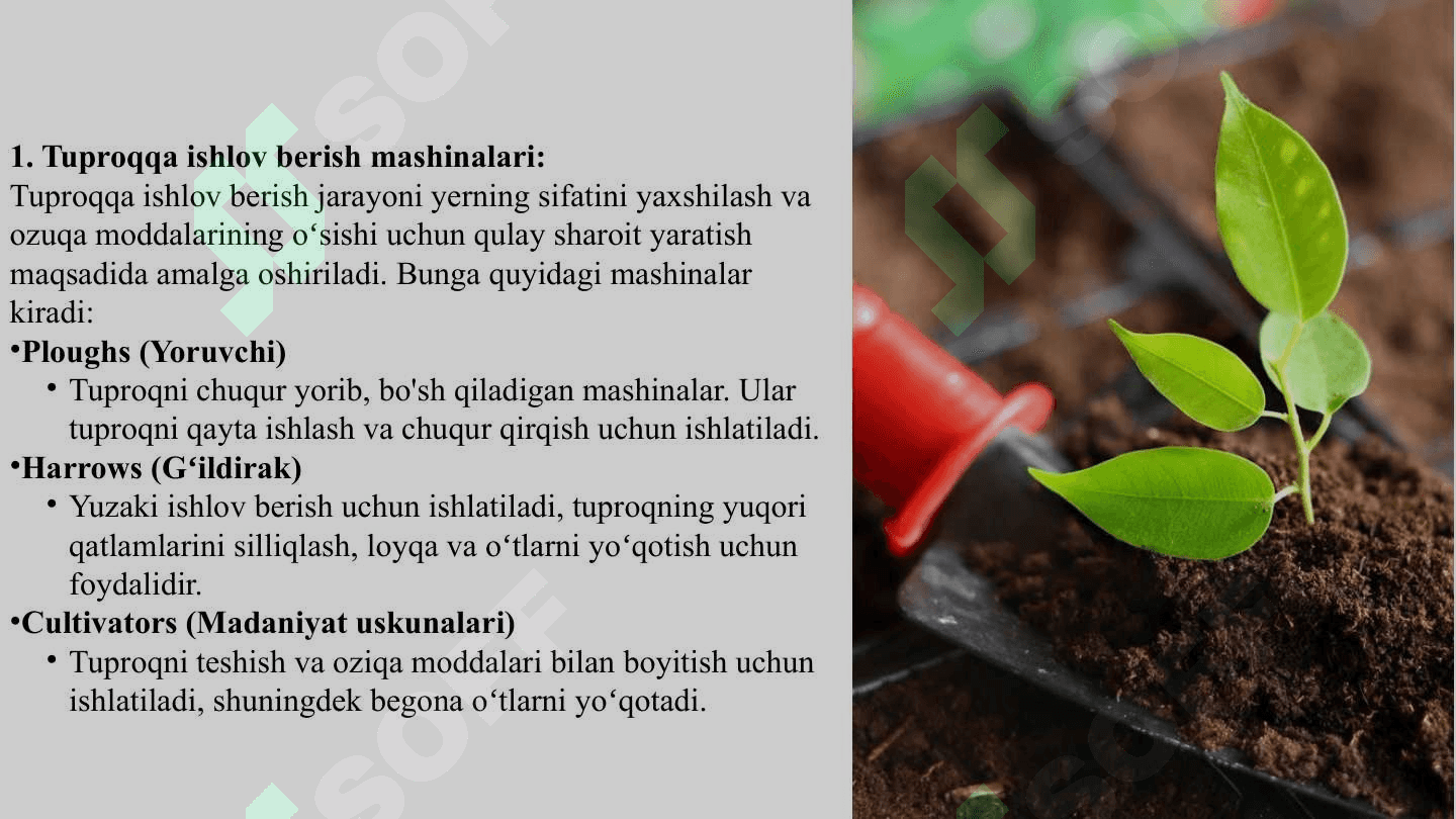 Tuproqqa ishlov berish, ekin va ozuqabop ekinlarga qarov oʻtkazish mashinalarini oʻrganish 3