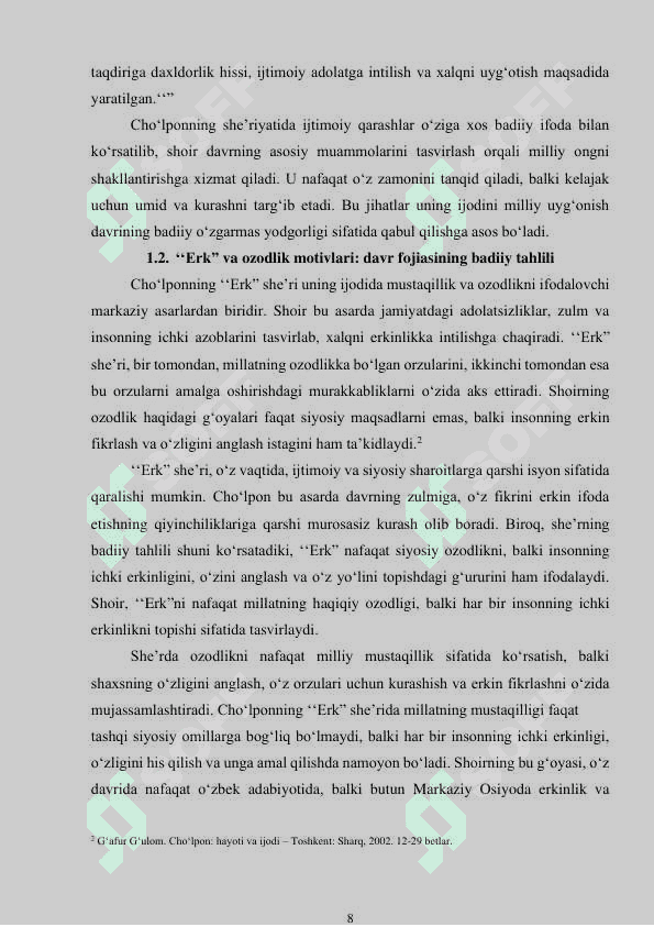 Cho'lpon she’riyatida erk, ozodlik motivlari. 8