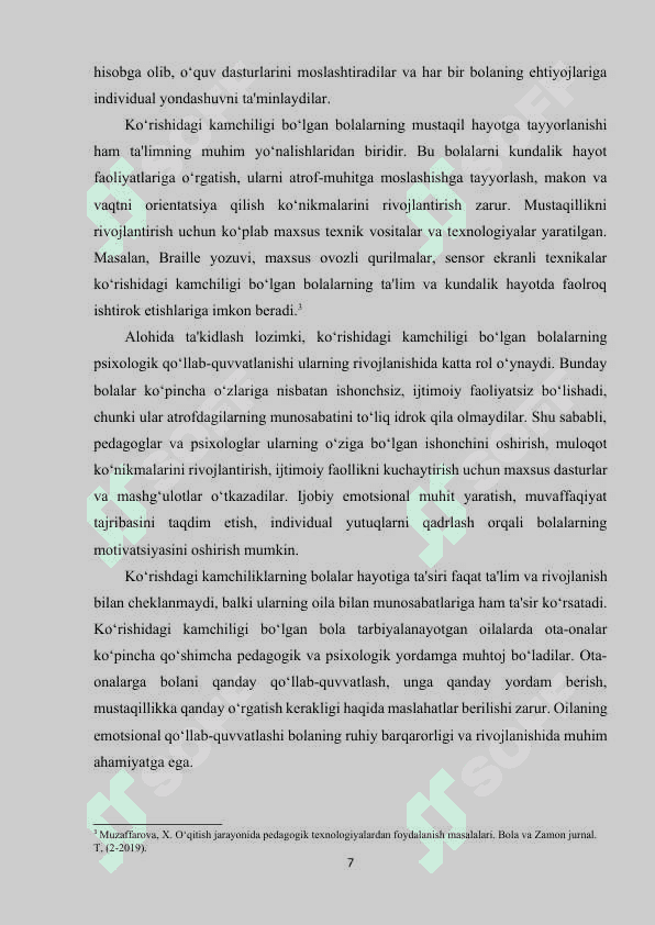 Ko‘rishida kamchiligi bo‘lgan bolalarda tarbiya turlari va ularni amalga oshirish yo‘llari. 7