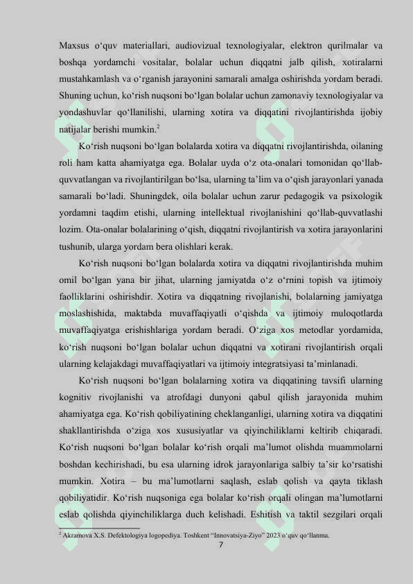 Ko‘rish nuqsoniga ega bolalar xotira va diqqatining o‘ziga xosligi 7