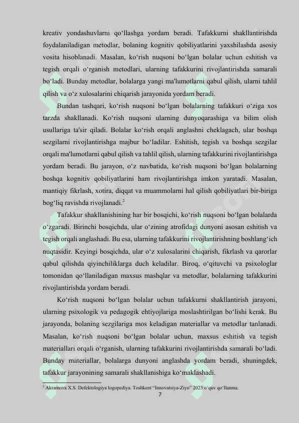 Ko‘rish nuqsoniga ega bolalar tafakkurining o‘ziga xosligi 7