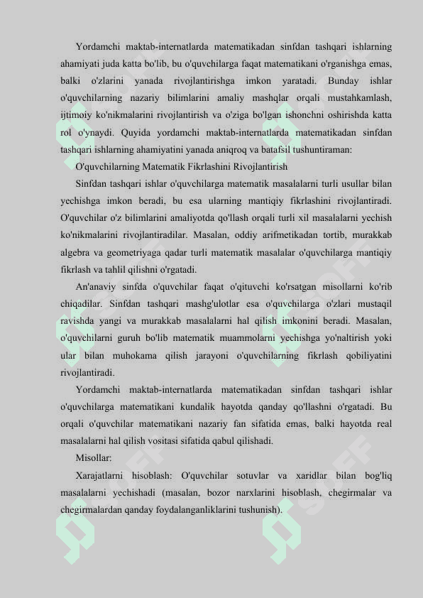Yordamchi maktab internatida matematikadan sinfdan tashqari ishlarning mazmuni 8