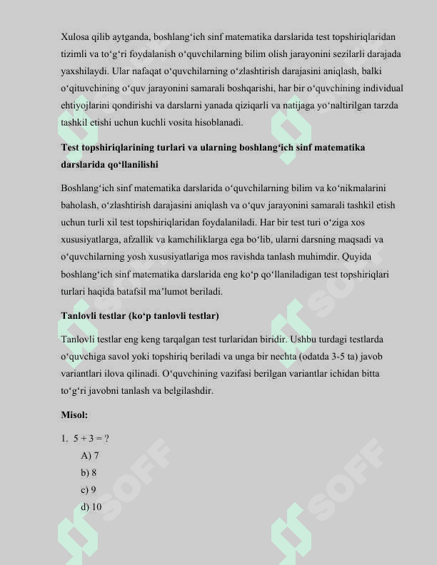 Boshlangʻich sinf matematika darslarida test topshiriqlari foydalanish 7