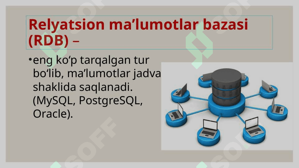 ma'lumotlar bazasi va ularni boshqarish tizimlari bilan ishlashni o'rganish. 7