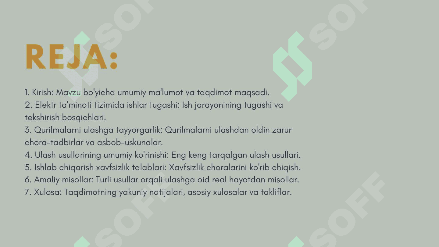 ELEKTIR
TAMINOTI TIZIMIDA
ISHLAR TOLIQ
TUGAGANIDAN SONG
ELEKTIR QURULMALARNI
ULASH USULLARI 2