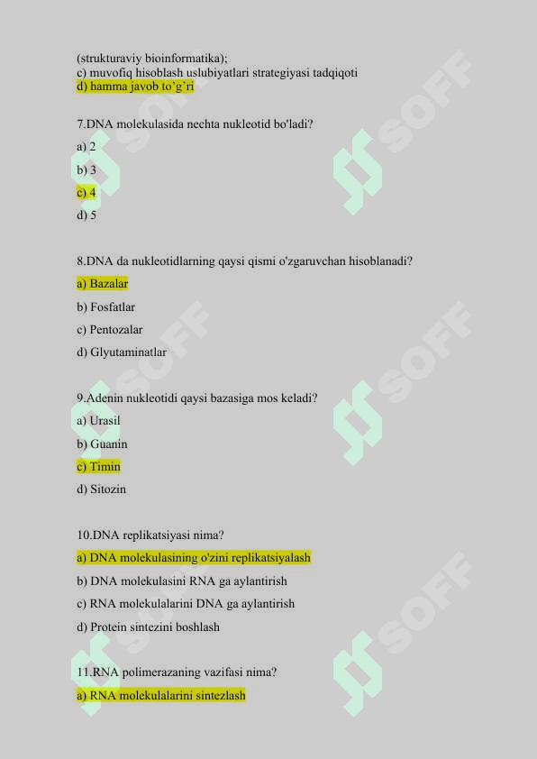Bioinformatika testlar Javoblari bilan birga 2
