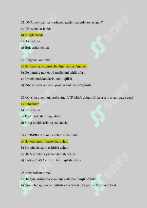 Bioinformatika testlar Javoblari bilan birga 5