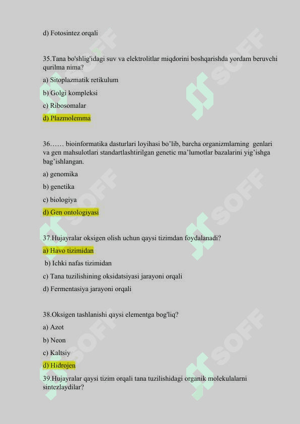 Bioinformatika testlar Javoblari bilan birga 8