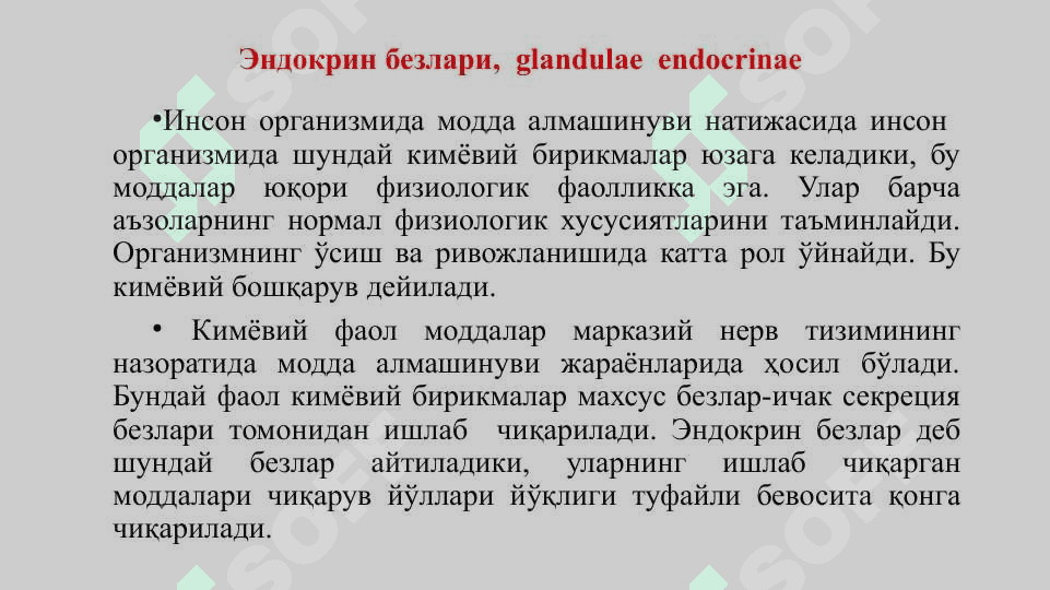 Эндокрин безлар. Гипофиз. Эпифиз. Жинсий безларнинг эндокрин қисмлари. Қалқонсимон, қалқон орқа ва айрисимон безлар. Буйрак усти ва меъда ости безлари 3