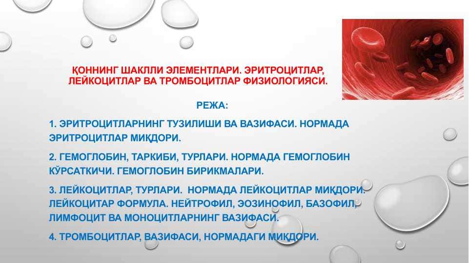 Қоннинг шаклли элементлари. Эритроцитлар, лейкоцитлар ва тромбоцитлар физиологияси
