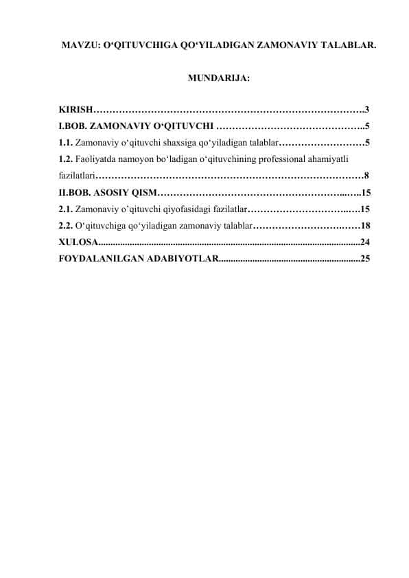 OʻQITUVCHIGA QOʻYILADIGAN ZAMONAVIY TALABLAR..docx