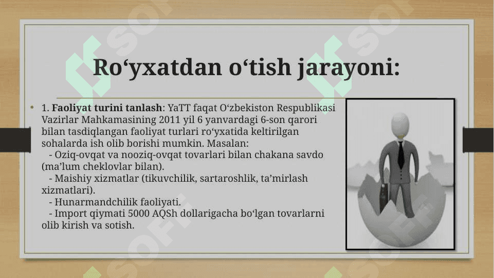 Yakka tartibdagi tadbirkorlik va yakka tadbirkorlar Biznesni ro‘yxatdan o‘tkazish va amalga oshirish xususiyatlari 8