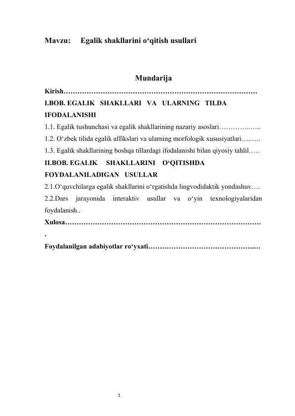 Egalik shakllarini o‘qitish usullari kurs ishi