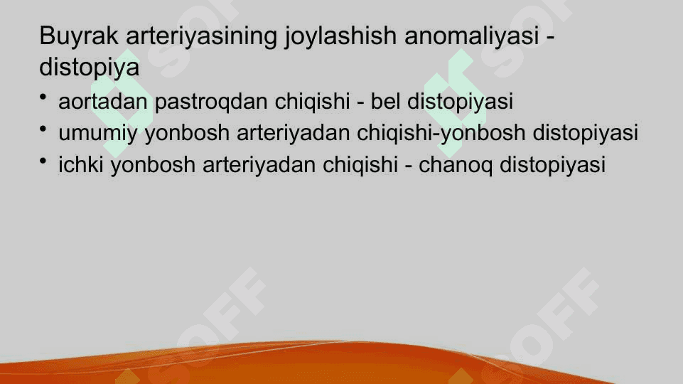 Buyrakning qon tomirlari, arterial tarmoqlari anomaliyalari Buyraklar sonining anomaliyalari Buyraklar joylashish o’rni va shaklining anomaliyalari Buyraklar tuzulishining anomaliyalari Buyraklar anomaliyalarining qo’shilib uchrashi 5