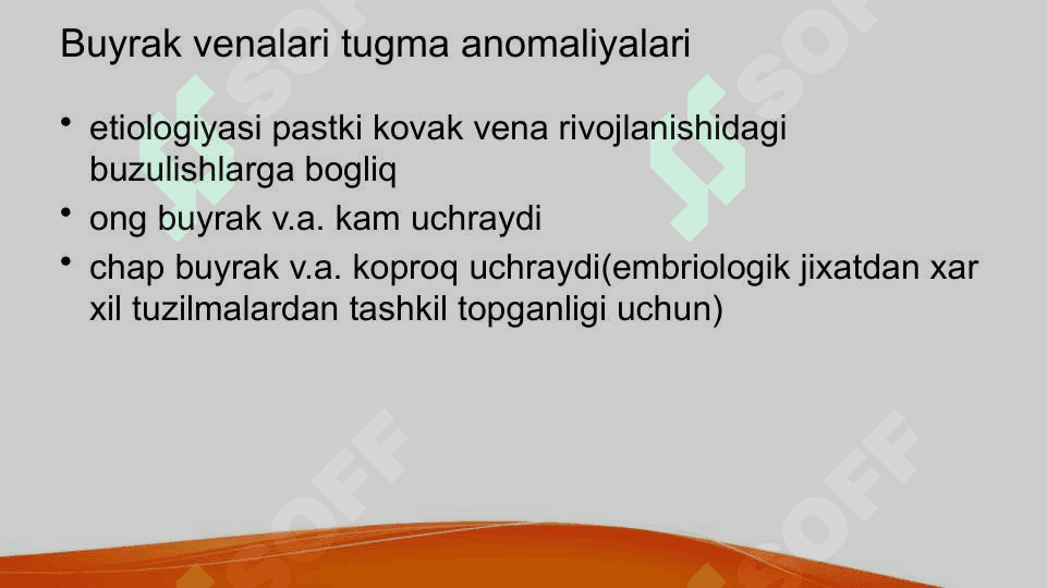 Buyrakning qon tomirlari, arterial tarmoqlari anomaliyalari Buyraklar sonining anomaliyalari Buyraklar joylashish o’rni va shaklining anomaliyalari Buyraklar tuzulishining anomaliyalari Buyraklar anomaliyalarining qo’shilib uchrashi 6