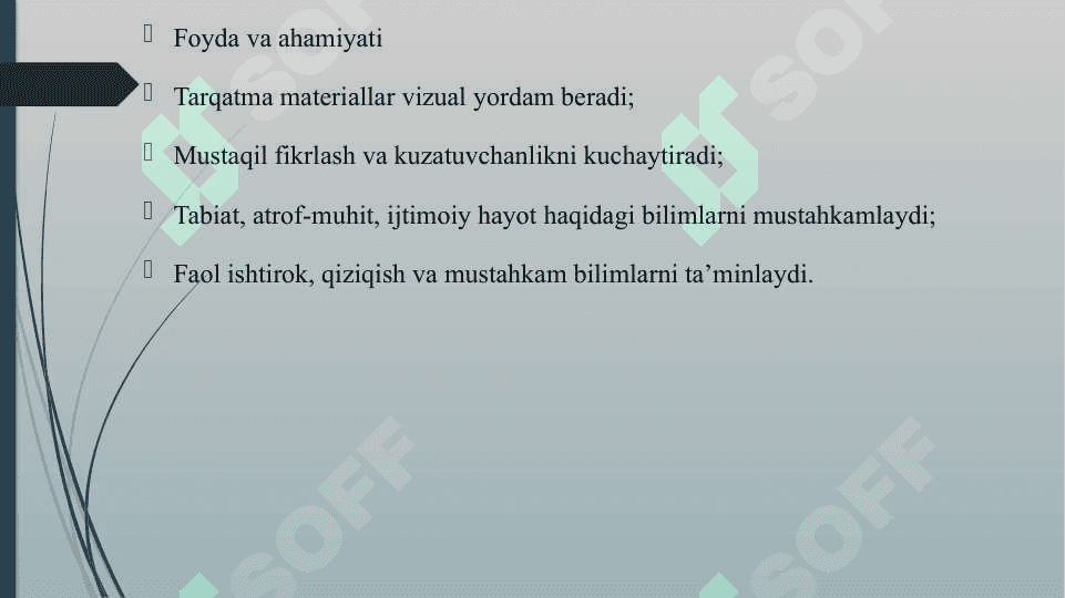 TARQATMA MATERIALLARDAN FOYDALANGAN HOLDA KUZATISHLARNI TASHKIL ETISH 8