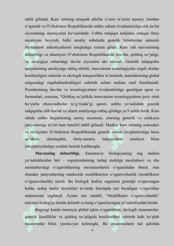 MODIFIKATOR O‘ZGARUVCHANLIK KURS ISHI 4