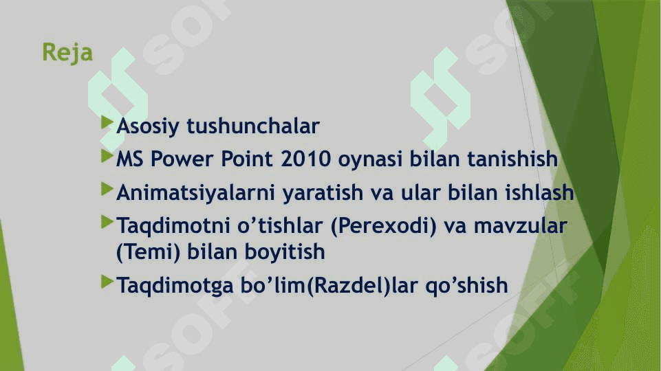 MS Power Point 2010da dinamik taqdimotlar yaratish. Shablon, dizaynlar, fonlar va animatsiyalar bilan ishlash. 2