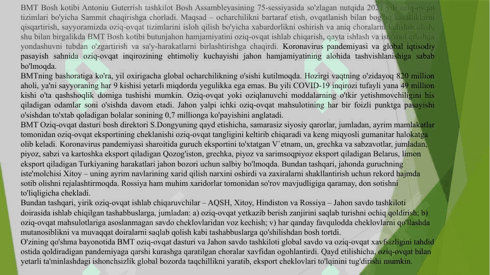 ENERGIYA , OZIQ –OVQAT, CHUCHUK SUV, XOMASHYO MUAMMOLARI 8