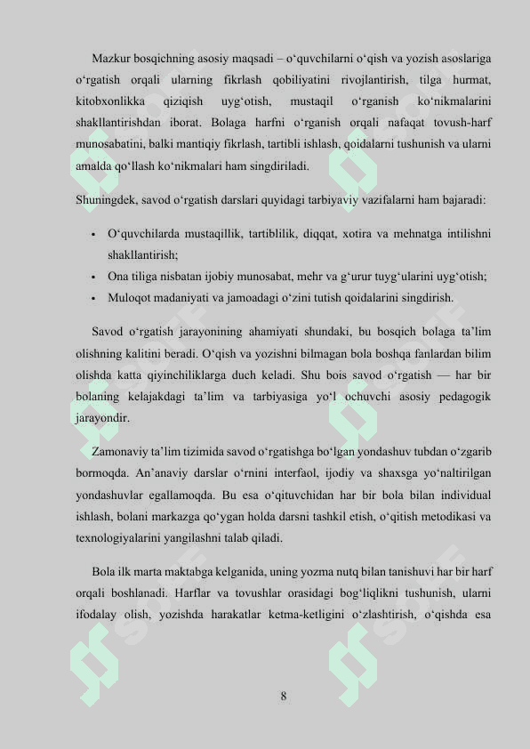 Savod o’rgatish davri darslarini pedagogik texnologiyalardan foydalanish 8