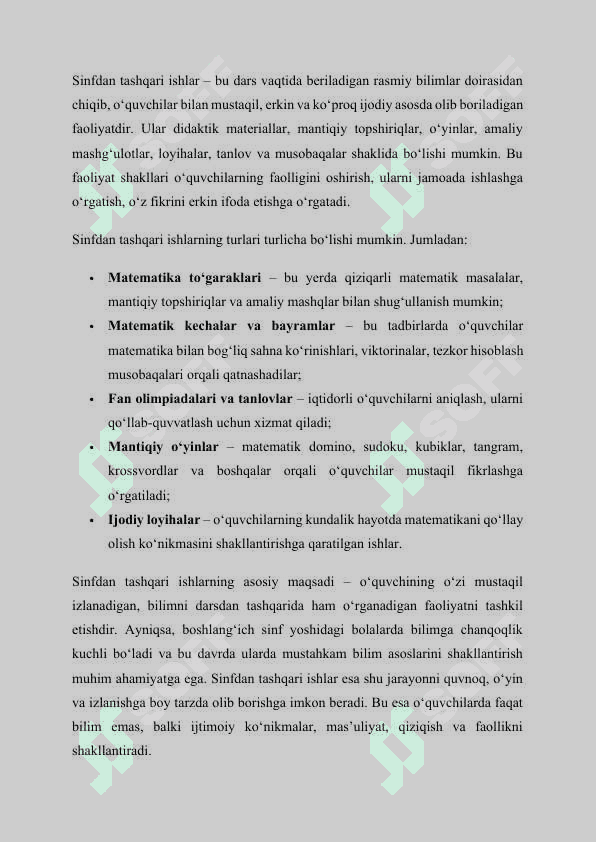 Boshlang'ich sinf matematika darslarida sinfdan tashqari ishlarning ahamiyati. Kurs ishi yozma uchun. 8