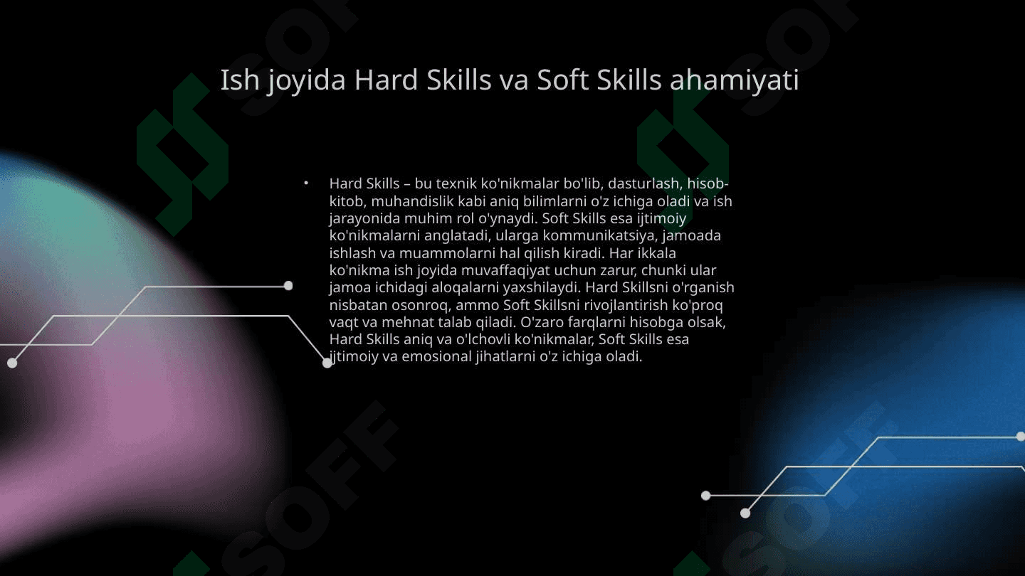 soft skills va hard skills konikmalarining o'zaro farqli jihatlari. 8
