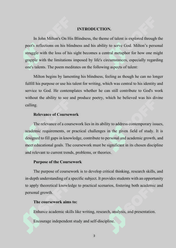 Talent as a theme in Milton's " On His Bilindness" 3