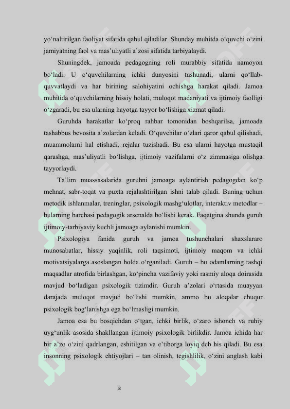 Guruh jamoasini tashkil etish, tarbiyalash va hamkorlikda ish olib borish metodikasi 8