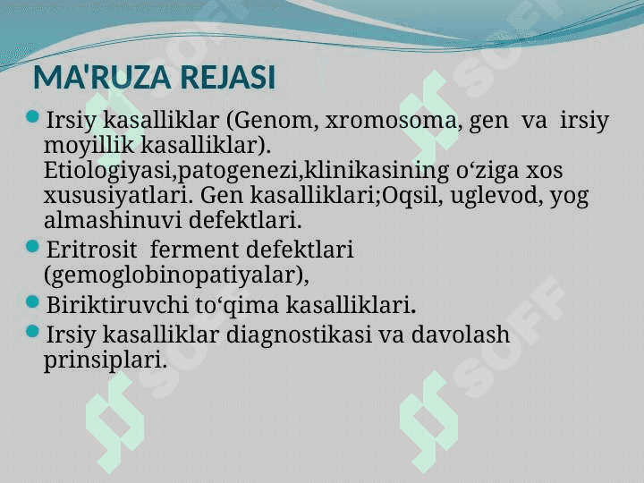 Irsiy kasallik (Genom, xromosoma, gen  va  irsiy  moyillik kasallik) lar etiologiyasi, patogenezi, klinikasi,  diagnostikasi va davolash me'zonlari. 3