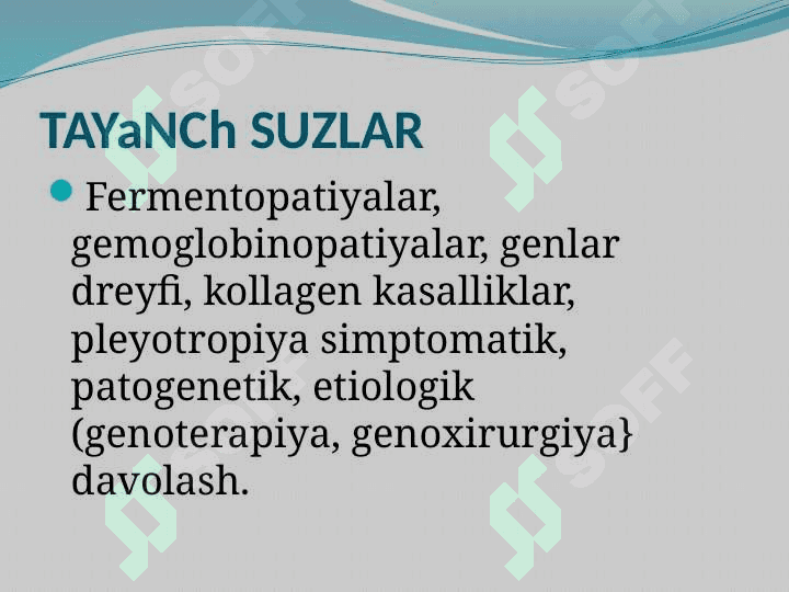 Irsiy kasallik (Genom, xromosoma, gen  va  irsiy  moyillik kasallik) lar etiologiyasi, patogenezi, klinikasi,  diagnostikasi va davolash me'zonlari. 4