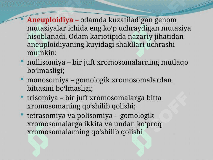 Irsiy kasallik (Genom, xromosoma, gen  va  irsiy  moyillik kasallik) lar etiologiyasi, patogenezi, klinikasi,  diagnostikasi va davolash me'zonlari. 7