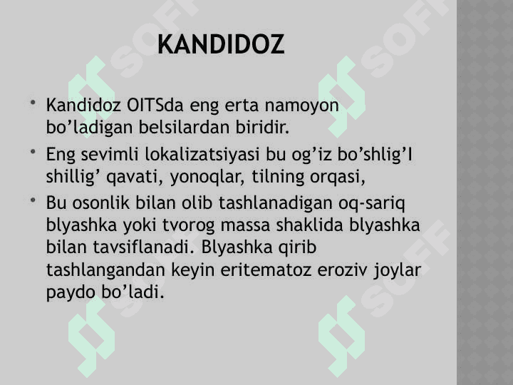 OITSda parodontdagi o’zgarishlar. Klinikasi, qiyosiy tashxis, davolash, profilaktika. 5