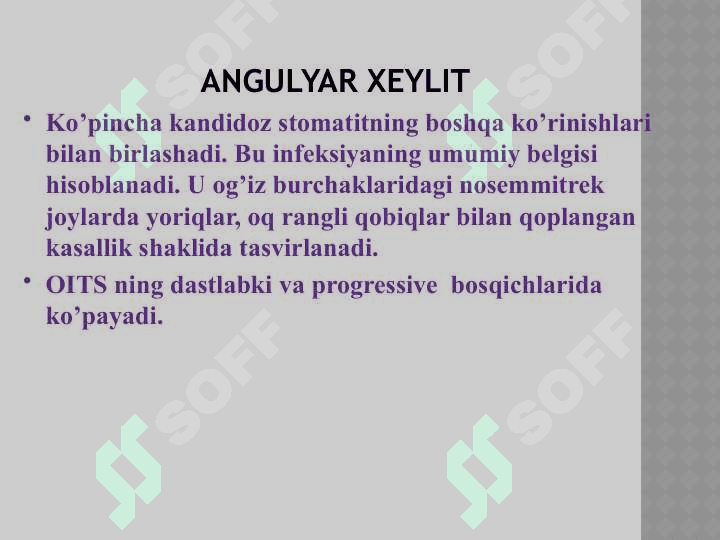OITSda parodontdagi o’zgarishlar. Klinikasi, qiyosiy tashxis, davolash, profilaktika. 8