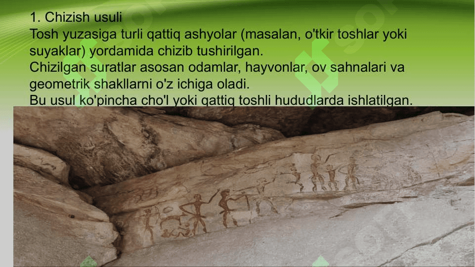 Qoyatosh suratlarining yozilishi. Qoya tosh suratlarining ishlanishi uslublari 2