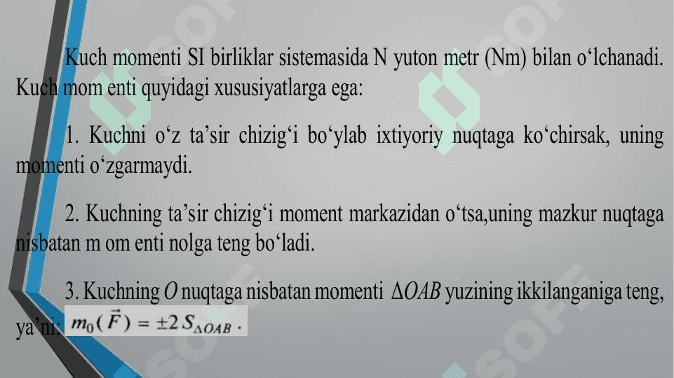 Kuch momenti, kuchni nuqtaga nisbatan vetori, kuchni o‘qa nisbatan momenti 8