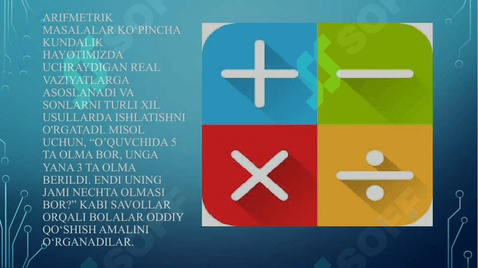 arifmetrik misollarni yechish boshlang'ich maktabda matematika fanini o'ranishga tayyorlash. 4
