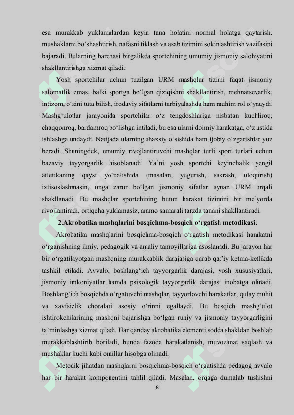 Akrobatika mashqlarini bajarishga o‘rgatish metodikasi. 8