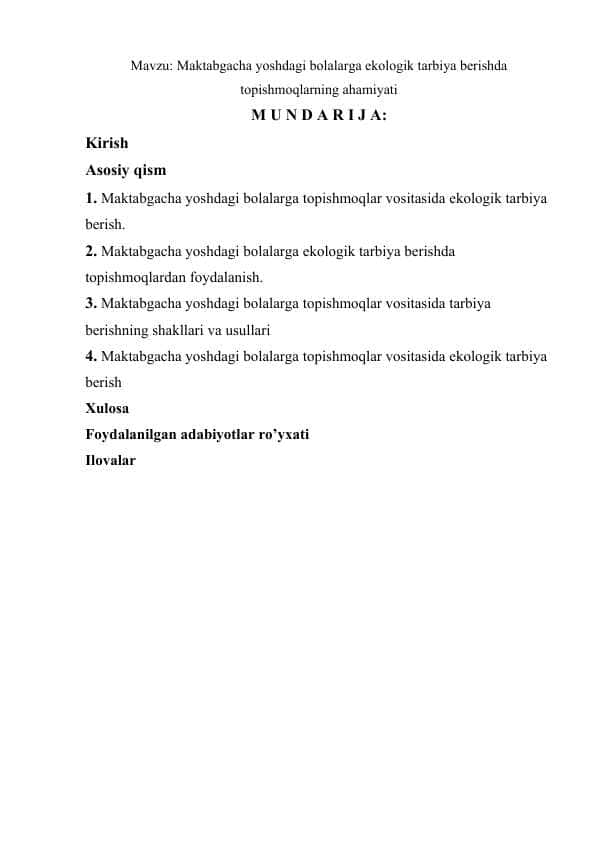 Maktabgacha yoshdagi bolalarga ekologik tarbiya berishda topishmoqlarning ahamiyati 1