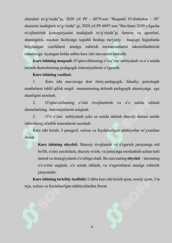 O’Z O’ZINI  TARBIYALASH YOKI O’Z USTIDA ISHLASH SHAXSIY DASTURI USTIDA ISHLASH 4