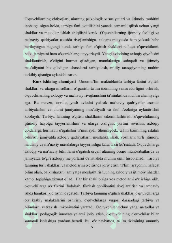 Umumta'lim maktablarida tarbiya fanini o'qitish shakllarining har biriga misollar yozish 5